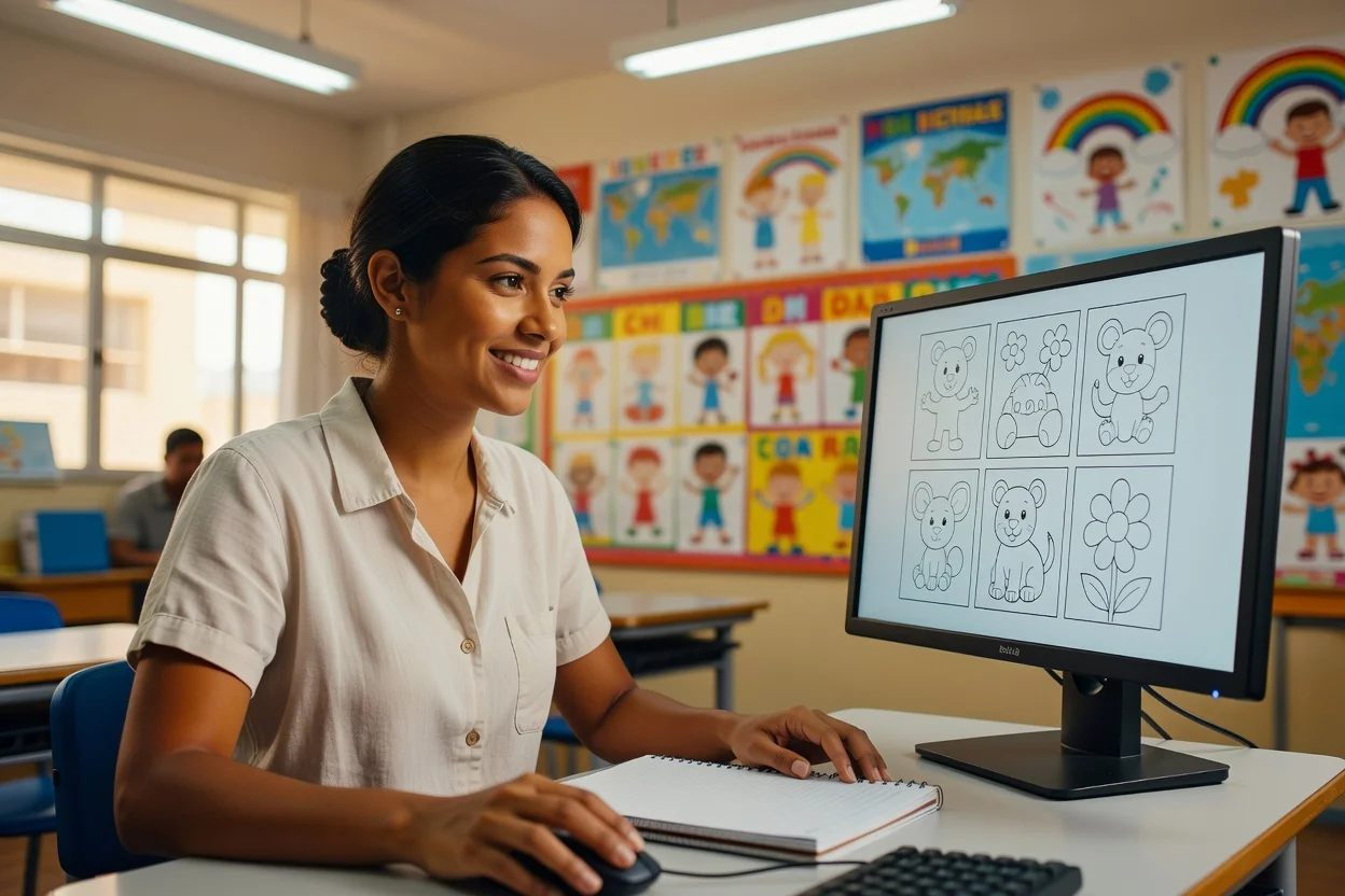 Professora selecionando desenhos para colorir gerados por IA no computador da sala de aula
