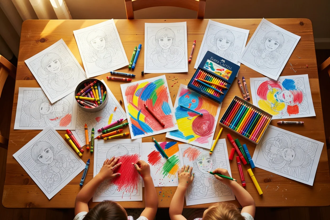 Mesa repleta de desenhos para colorir impressos sendo coloridos por crianças com giz de cera e lápis