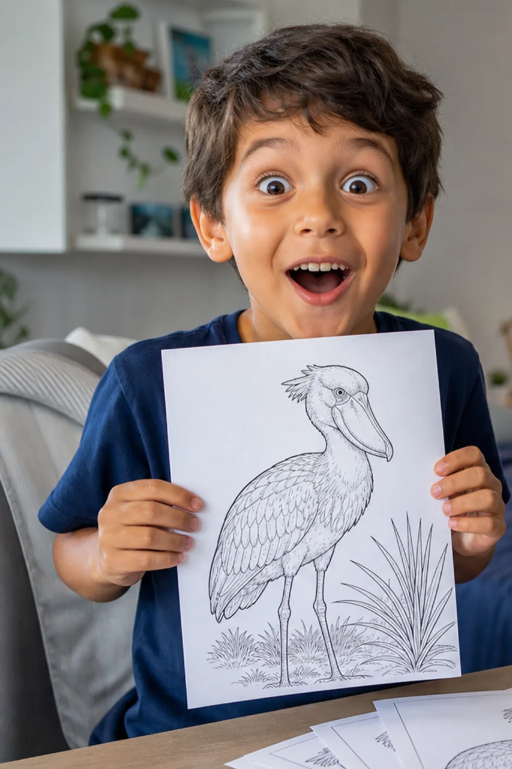 desenhos do pássaro bico-de-sapato para colorir — exemplo criado na Desenhos pra Colorir