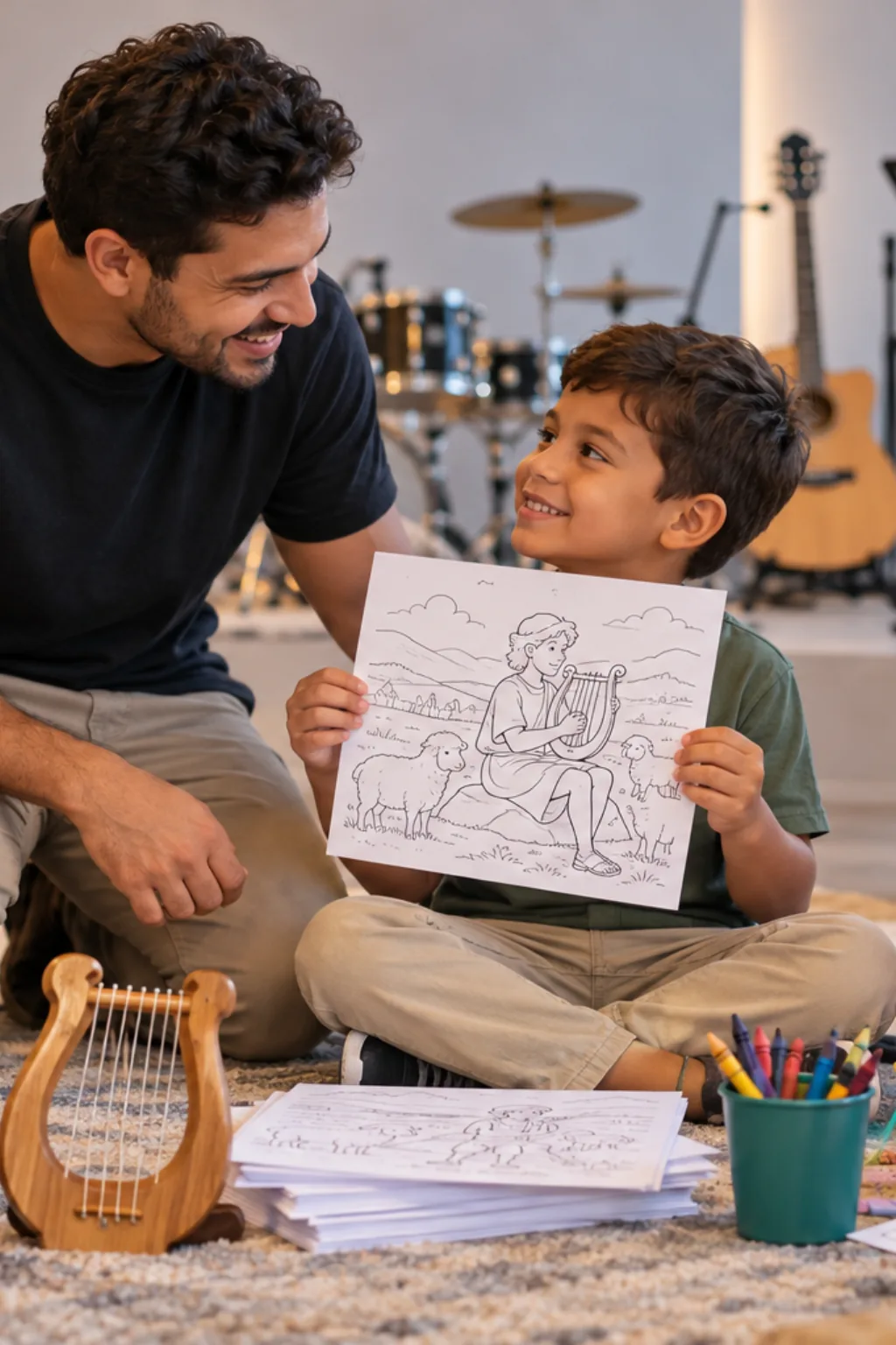 desenhos de Davi tocando harpa para colorir — exemplo criado na Desenhos pra Colorir