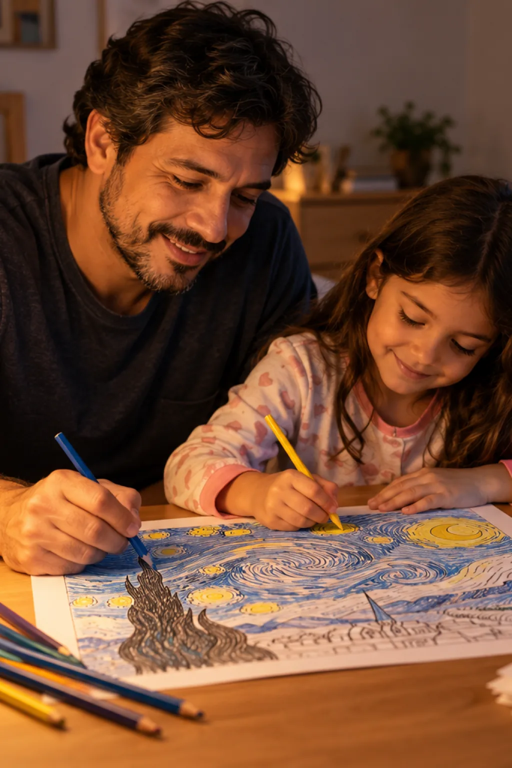 desenhos da obra A Noite Estrelada de Van Gogh para colorir — exemplo criado na Desenhos pra Colorir