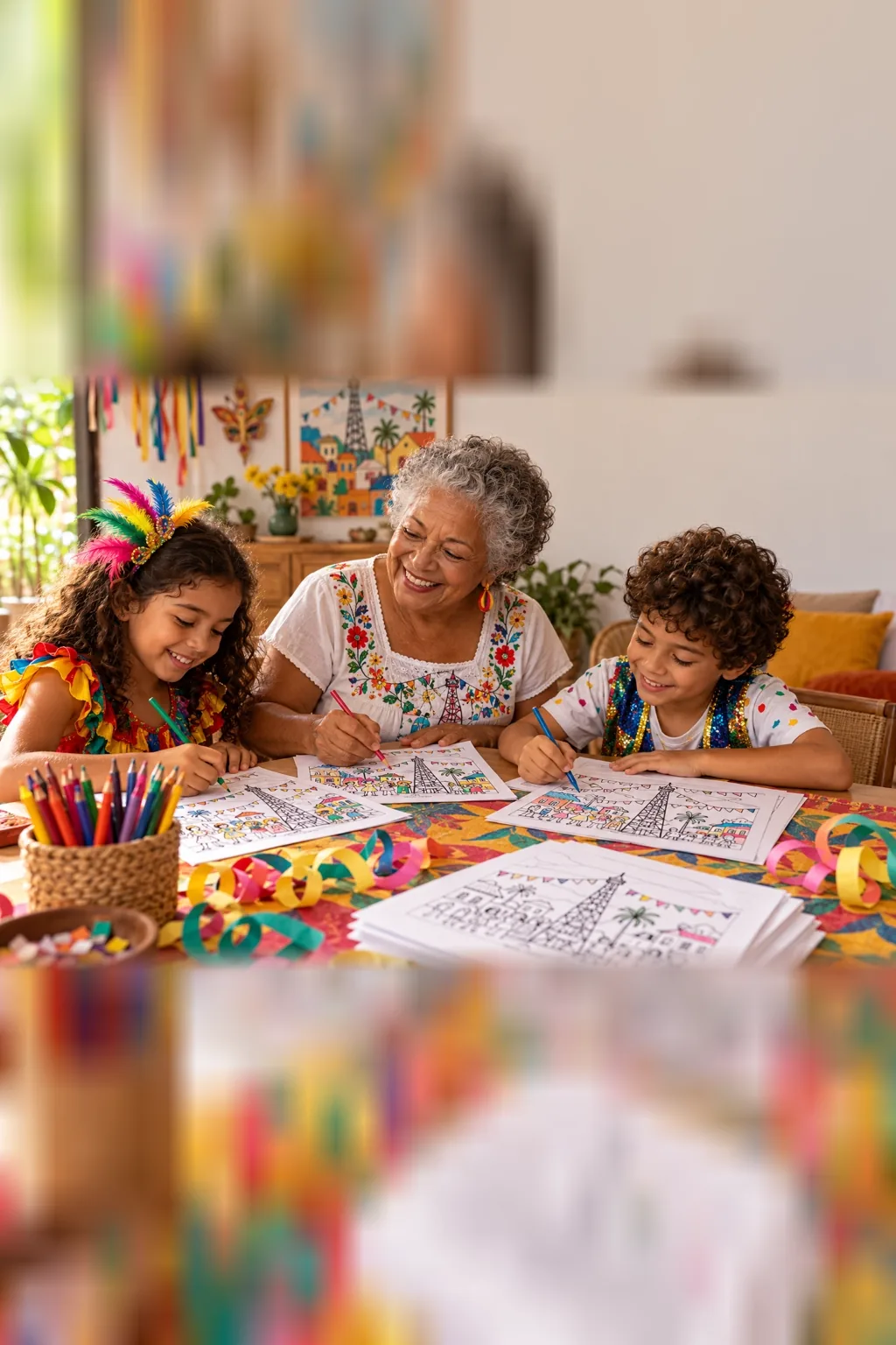 desenhos da obra Carnaval em Madureira de Tarsila do Amaral para colorir — exemplo criado na Desenhos pra Colorir