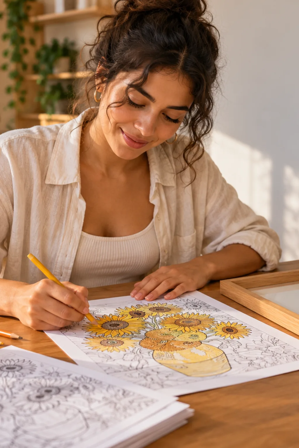 desenhos da obra Girassóis de Van Gogh para colorir — exemplo criado na Desenhos pra Colorir