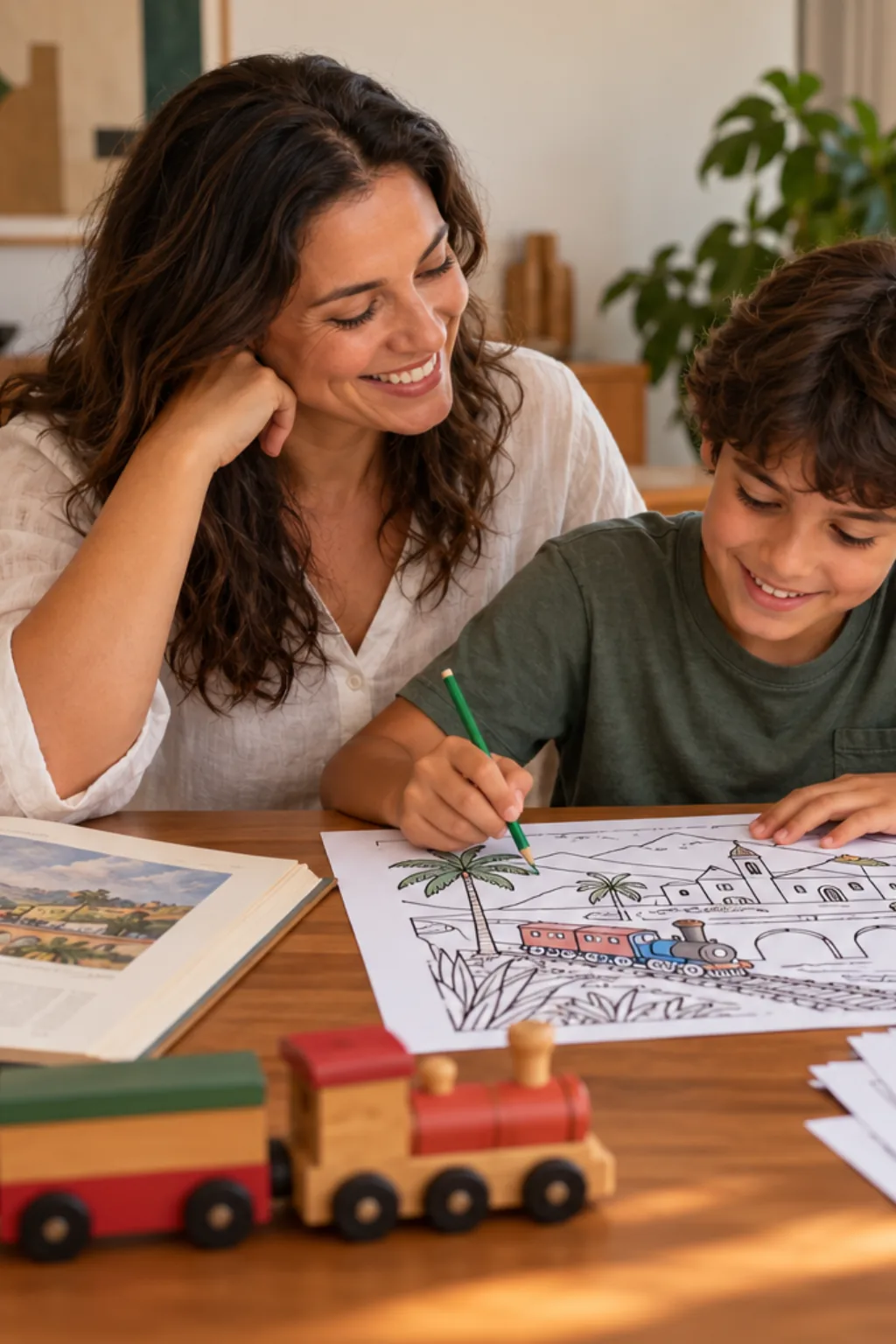 desenhos da obra A Gare de Tarsila do Amaral para colorir — exemplo criado na Desenhos pra Colorir