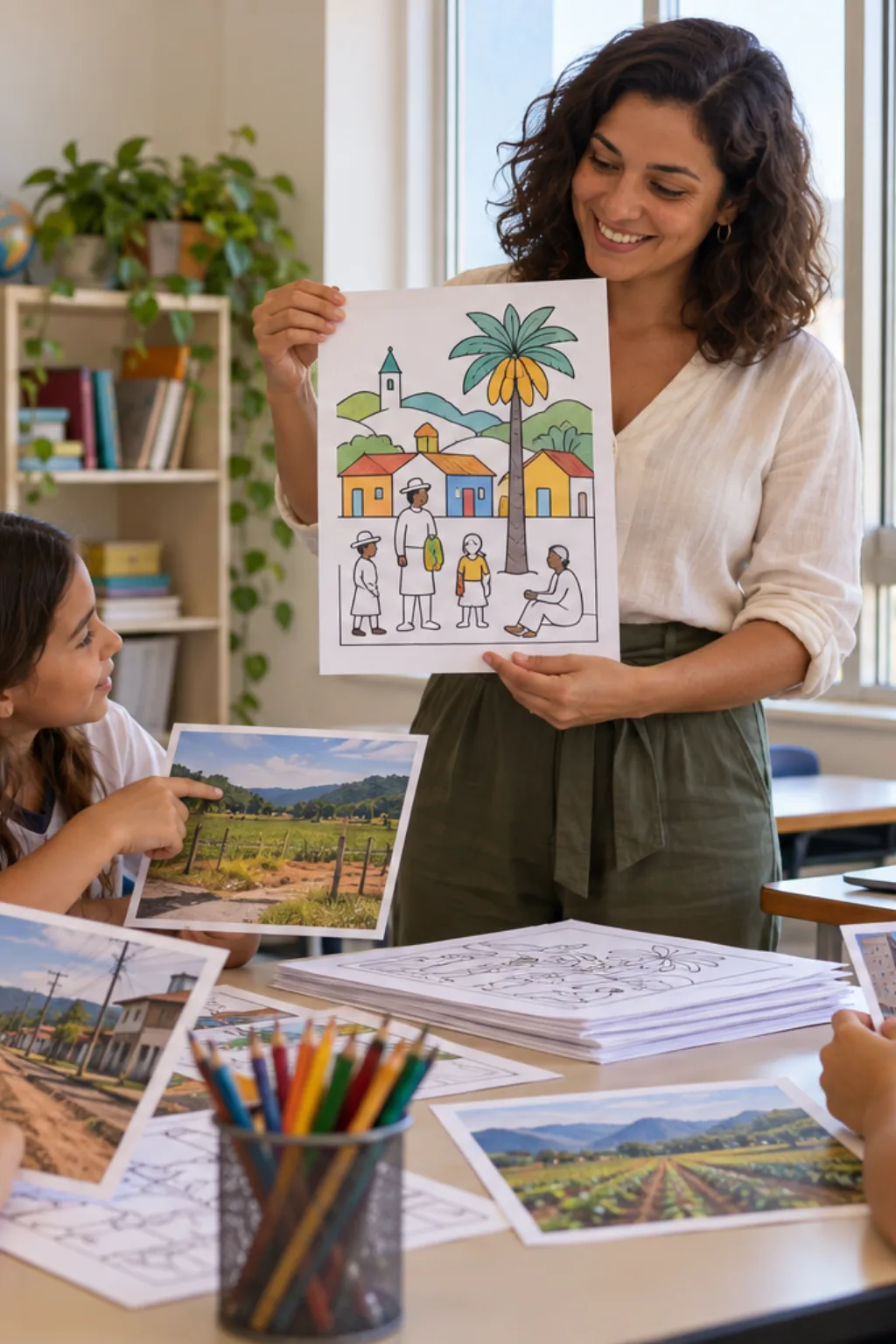 desenhos da obra O Mamoeiro de Tarsila do Amaral para colorir — exemplo criado na Desenhos pra Colorir