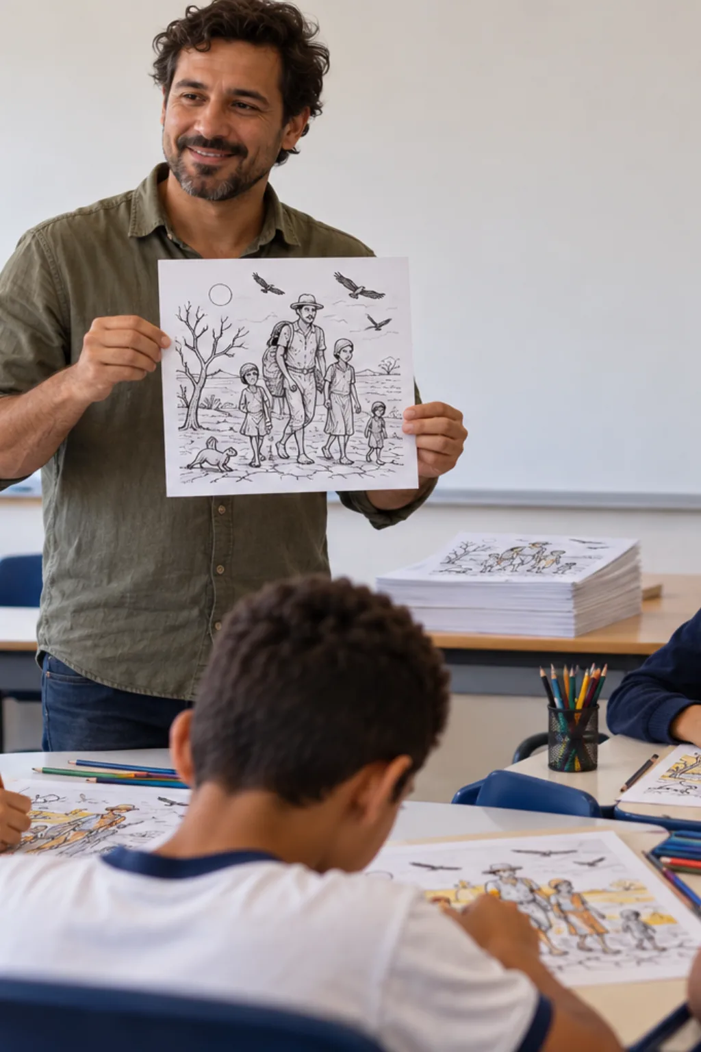 desenhos da obra Os Retirantes de Cândido Portinari para colorir — exemplo criado na Desenhos pra Colorir