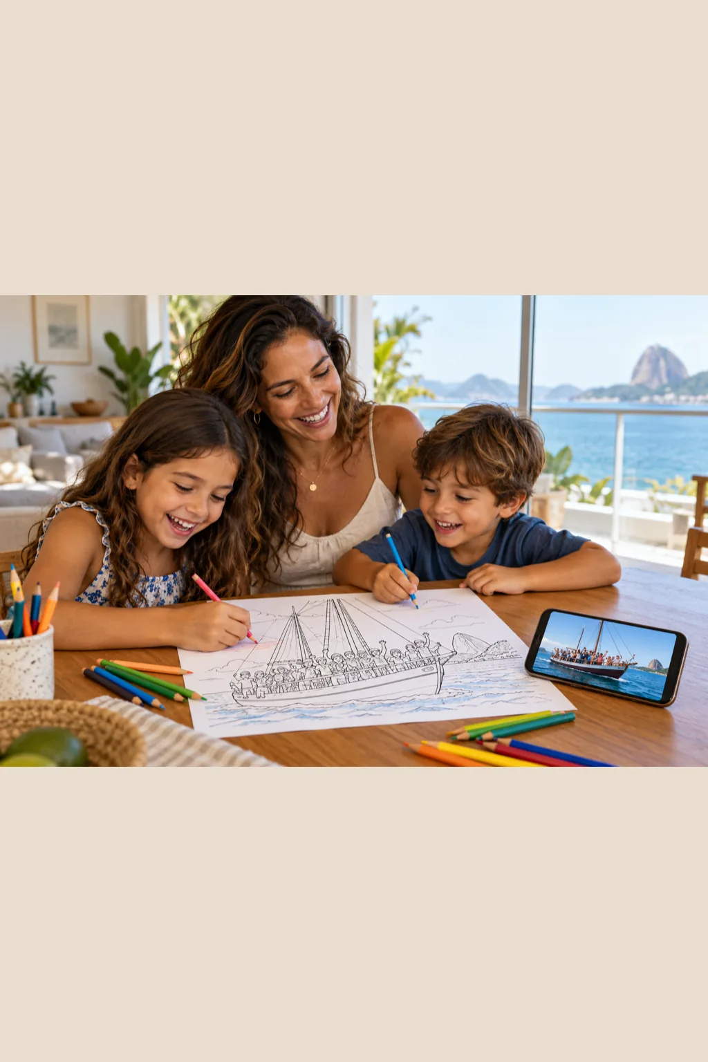 desenhos de barcos com pessoas para colorir — exemplo criado na Desenhos pra Colorir