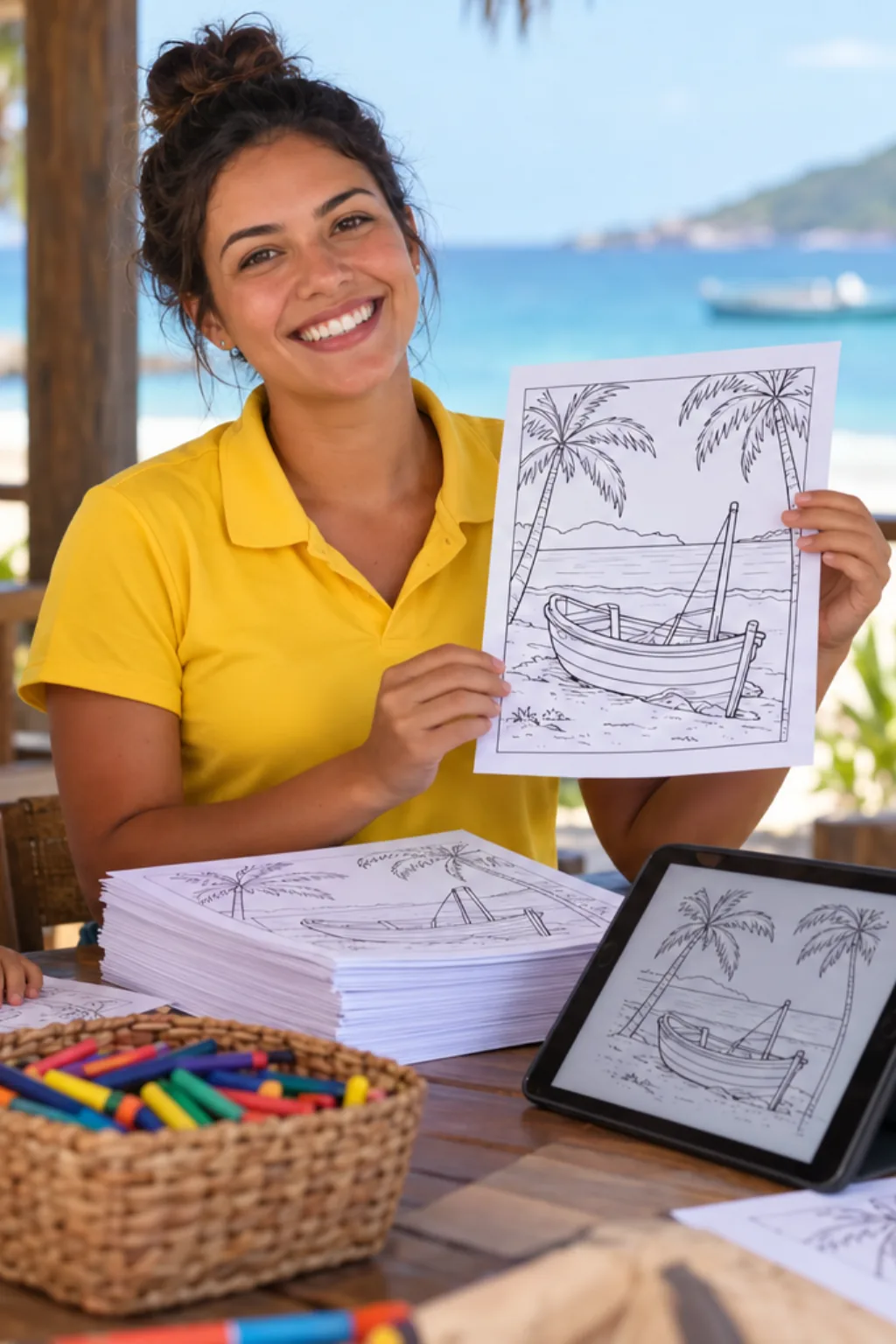 desenhos de barcos na praia para colorir — exemplo criado na Desenhos pra Colorir