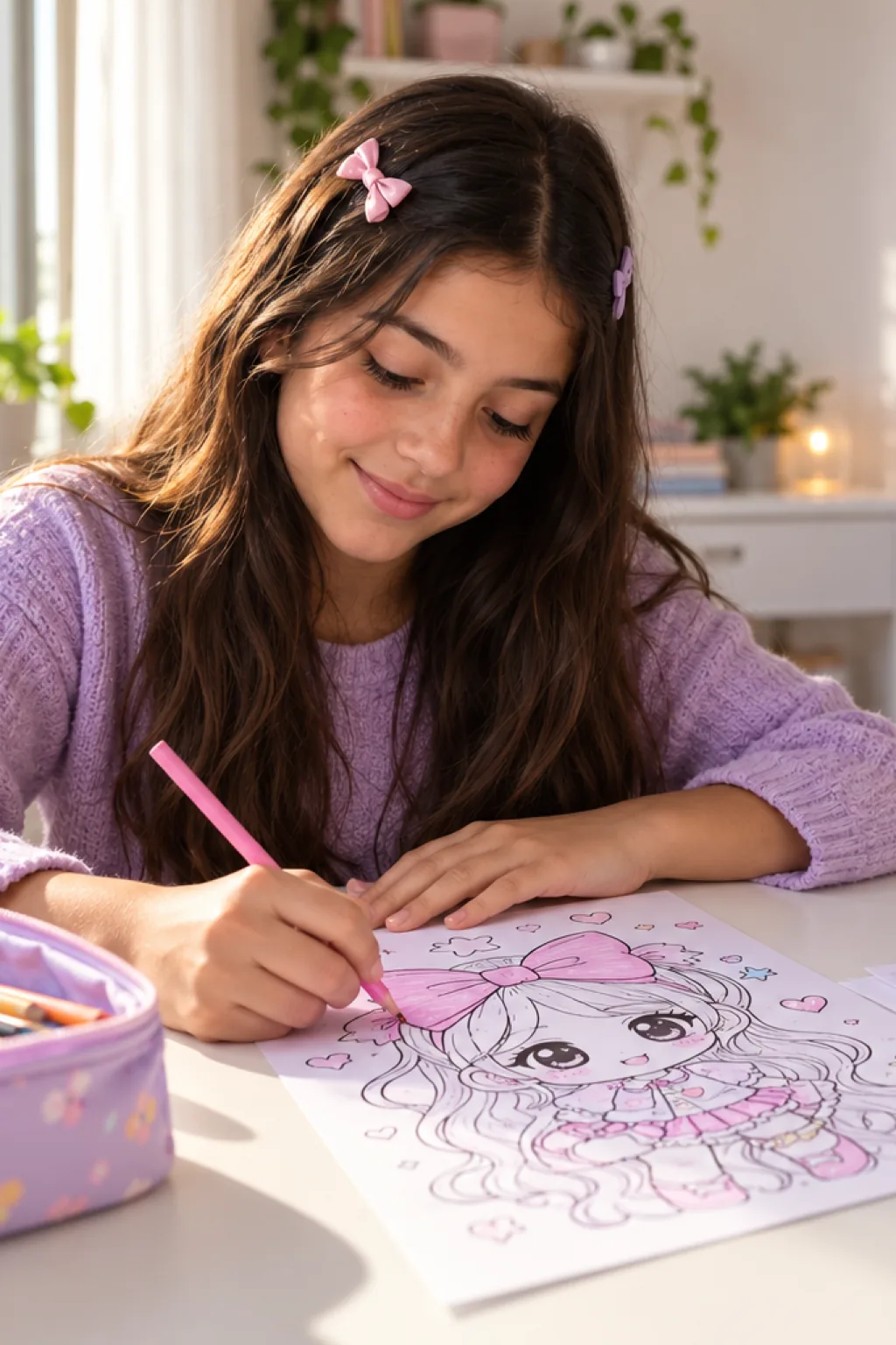 desenhos de bonecas kawaii para colorir — exemplo criado na Desenhos pra Colorir
