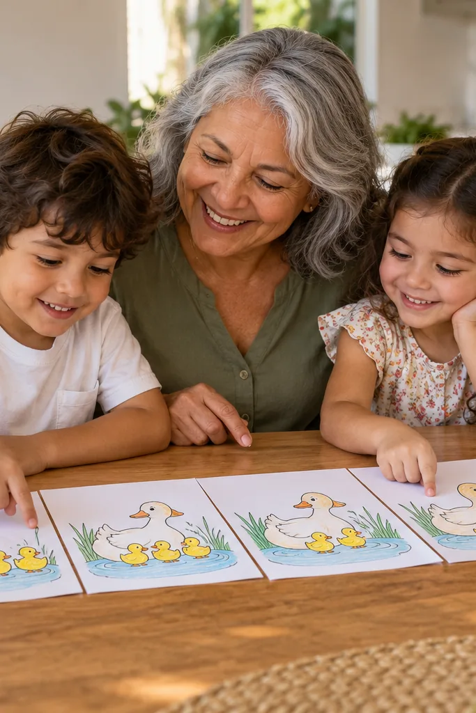 desenhos da cantiga Cinco Patinhos para colorir — exemplo criado na Desenhos pra Colorir