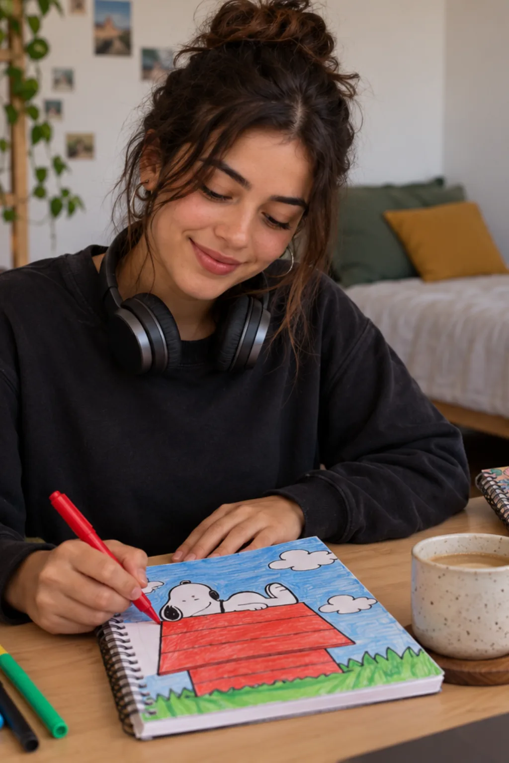 desenhos para capas de caderno do snoopy para colorir — exemplo criado na Desenhos pra Colorir