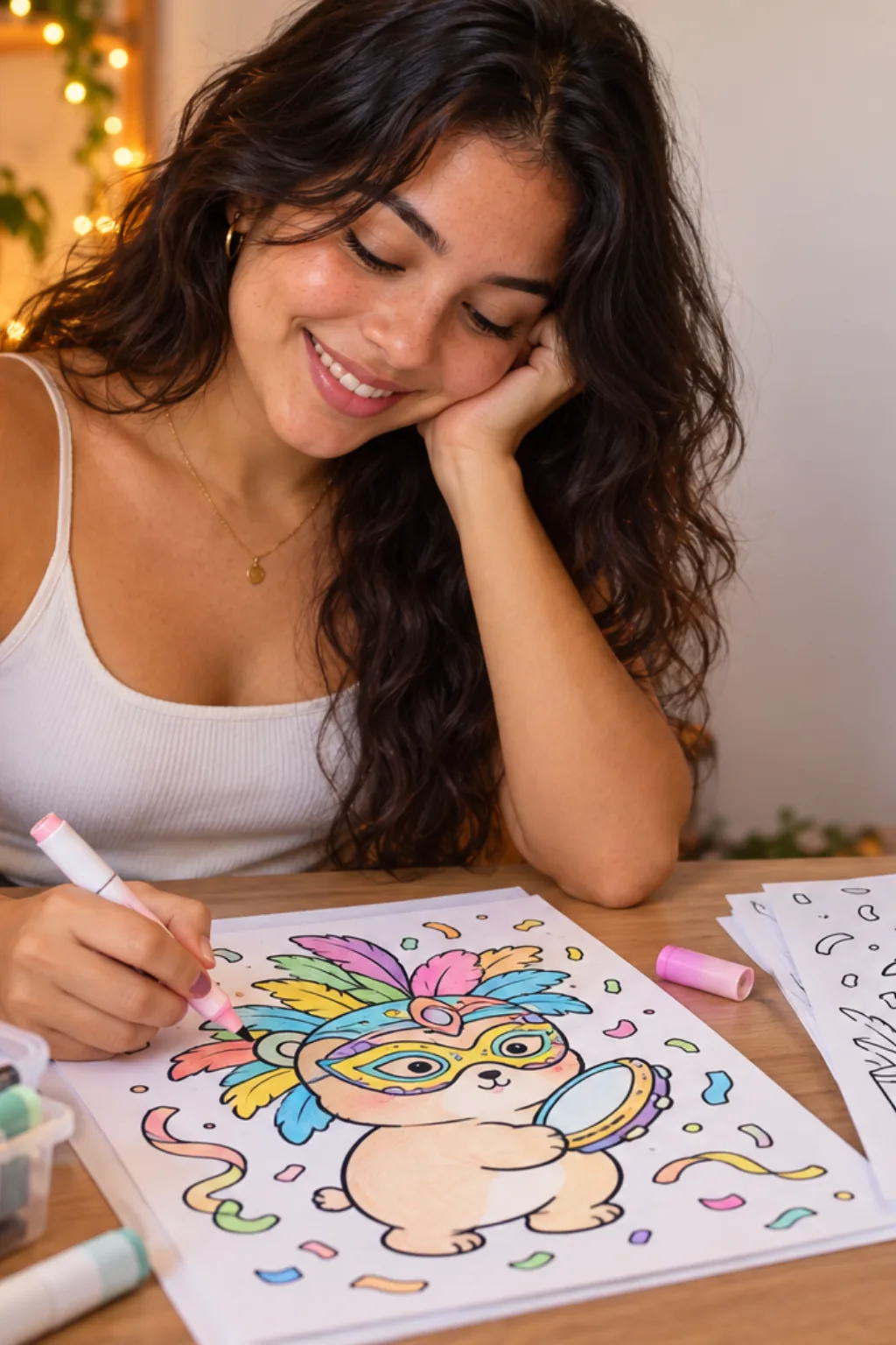 desenhos de Carnaval da Bobbie Goods para colorir — exemplo criado na Desenhos pra Colorir