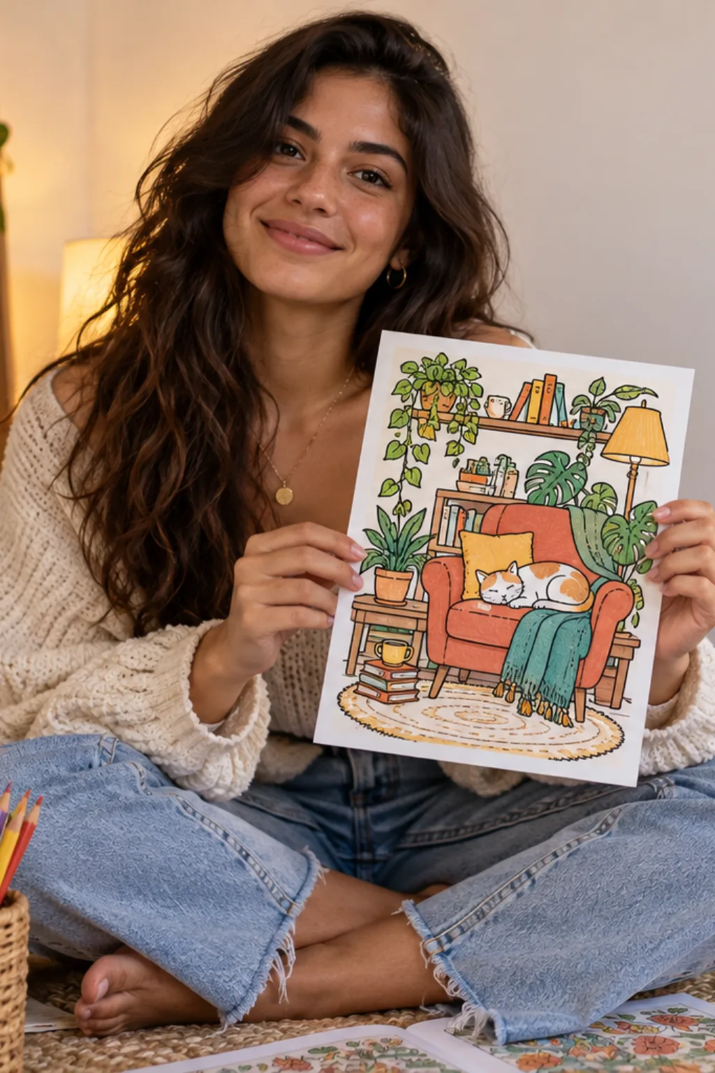 desenhos do livro Comfy Corner da Coco Wyo para colorir — exemplo criado na Desenhos pra Colorir