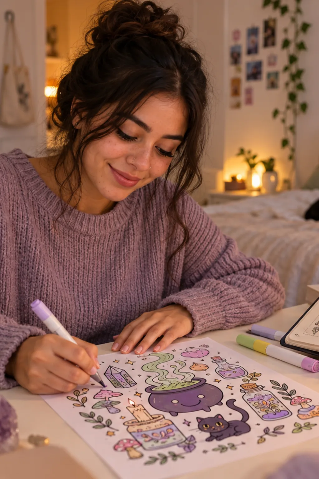 desenhos do livro Cute Witch Stuff da Coco Wyo para colorir — exemplo criado na Desenhos pra Colorir
