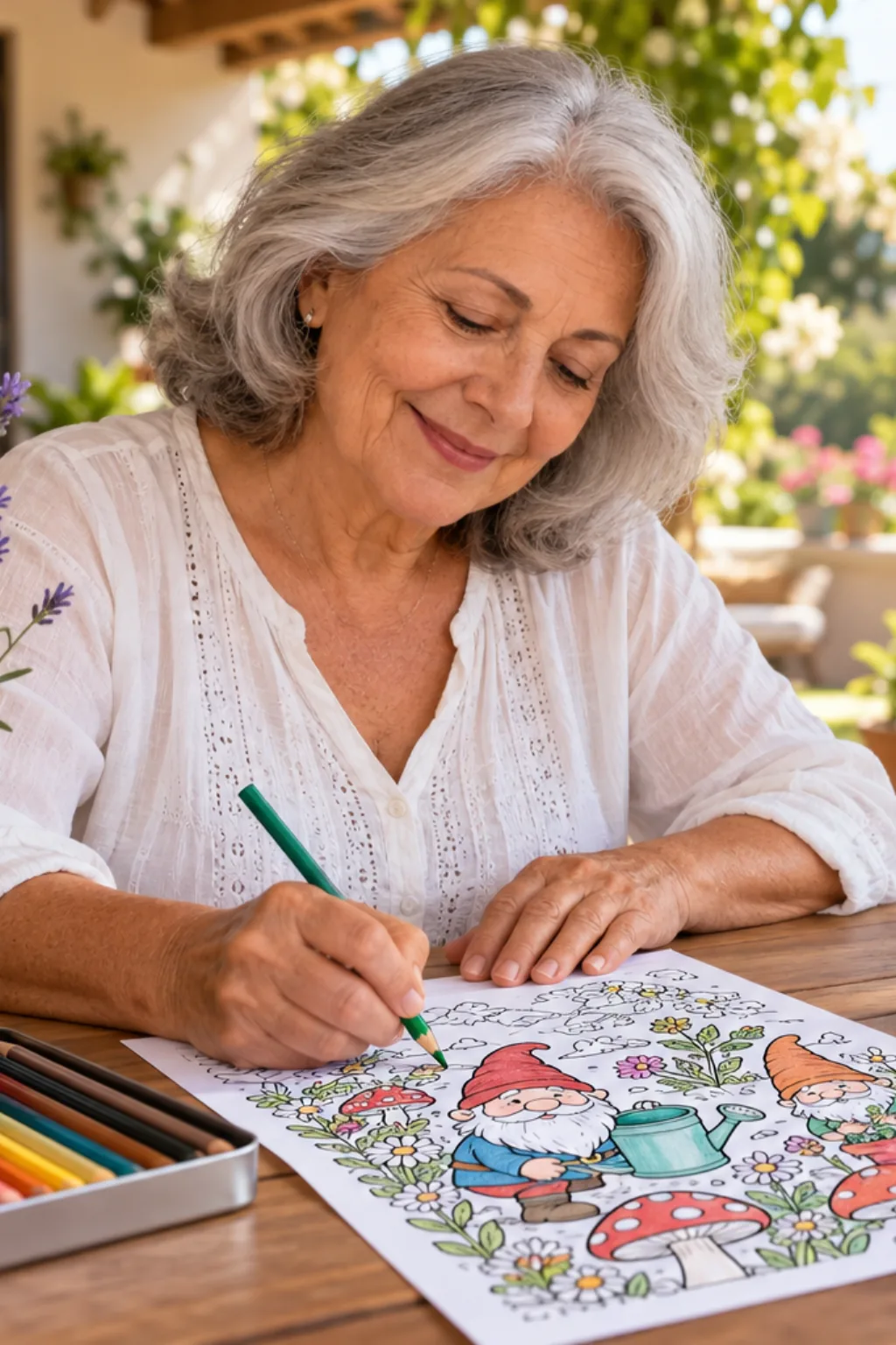 desenhos do livro Enchanted Gnomes da Coco Wyo para colorir — exemplo criado na Desenhos pra Colorir