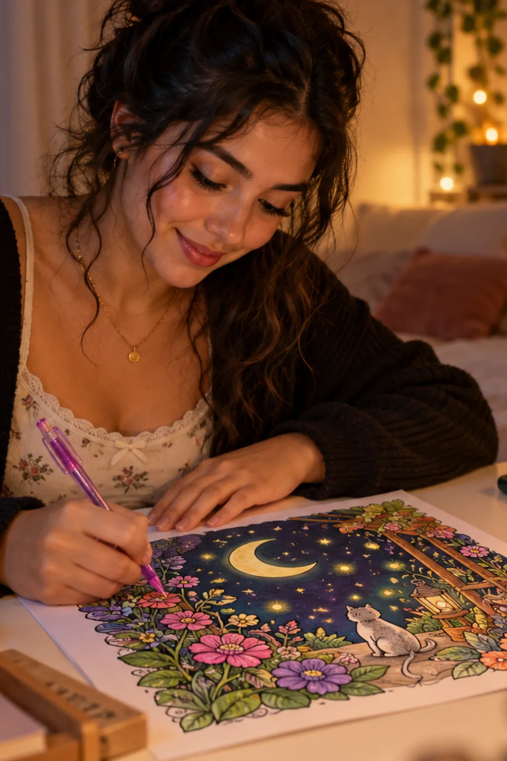 desenhos do livro Midnight Garden da Coco Wyo para colorir — exemplo criado na Desenhos pra Colorir