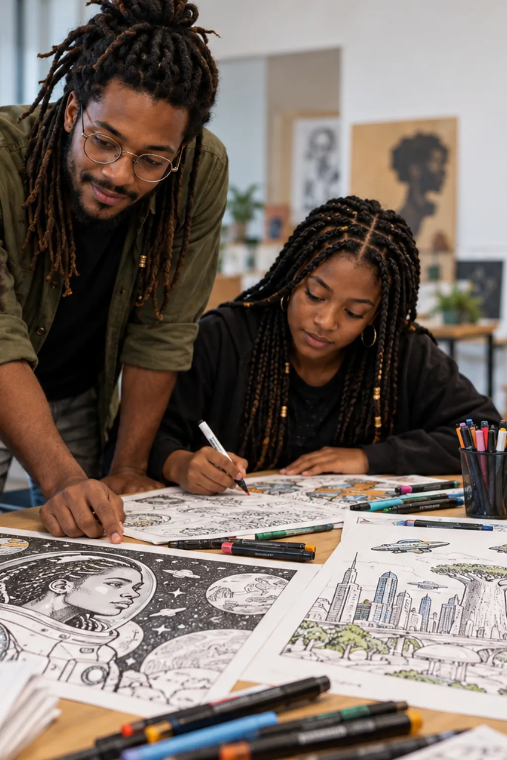 desenhos afrofuturistas para colorir — exemplo criado na Desenhos pra Colorir
