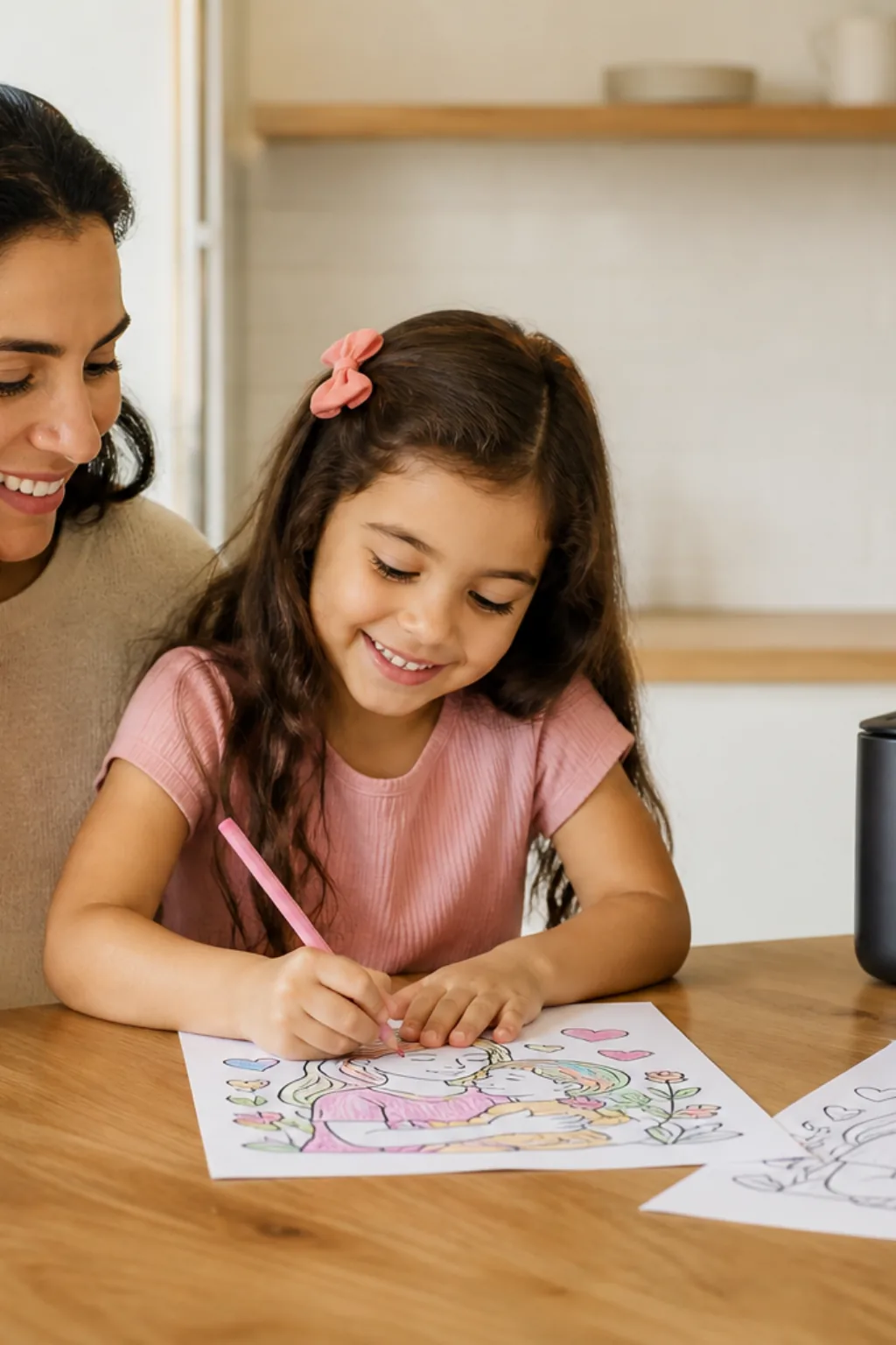 desenhos de mãe e filha para colorir no dia das mães — exemplo criado na Desenhos pra Colorir