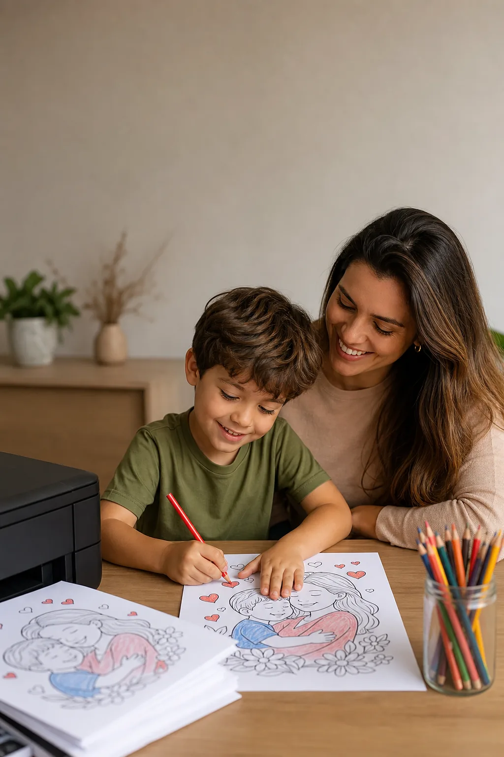 desenhos de mãe e filho para colorir no dia das mães — exemplo criado na Desenhos pra Colorir