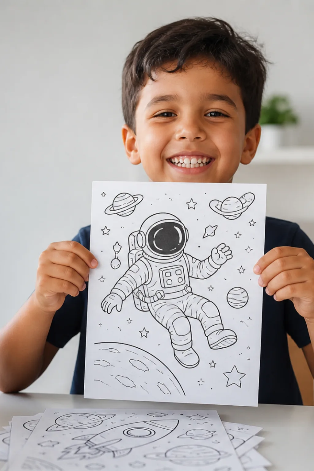 desenhos de astronauta flutuando no espaço para colorir — exemplo criado na Desenhos pra Colorir