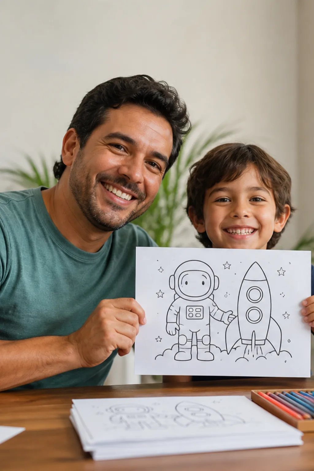 desenhos de astronauta e foguete para colorir — exemplo criado na Desenhos pra Colorir