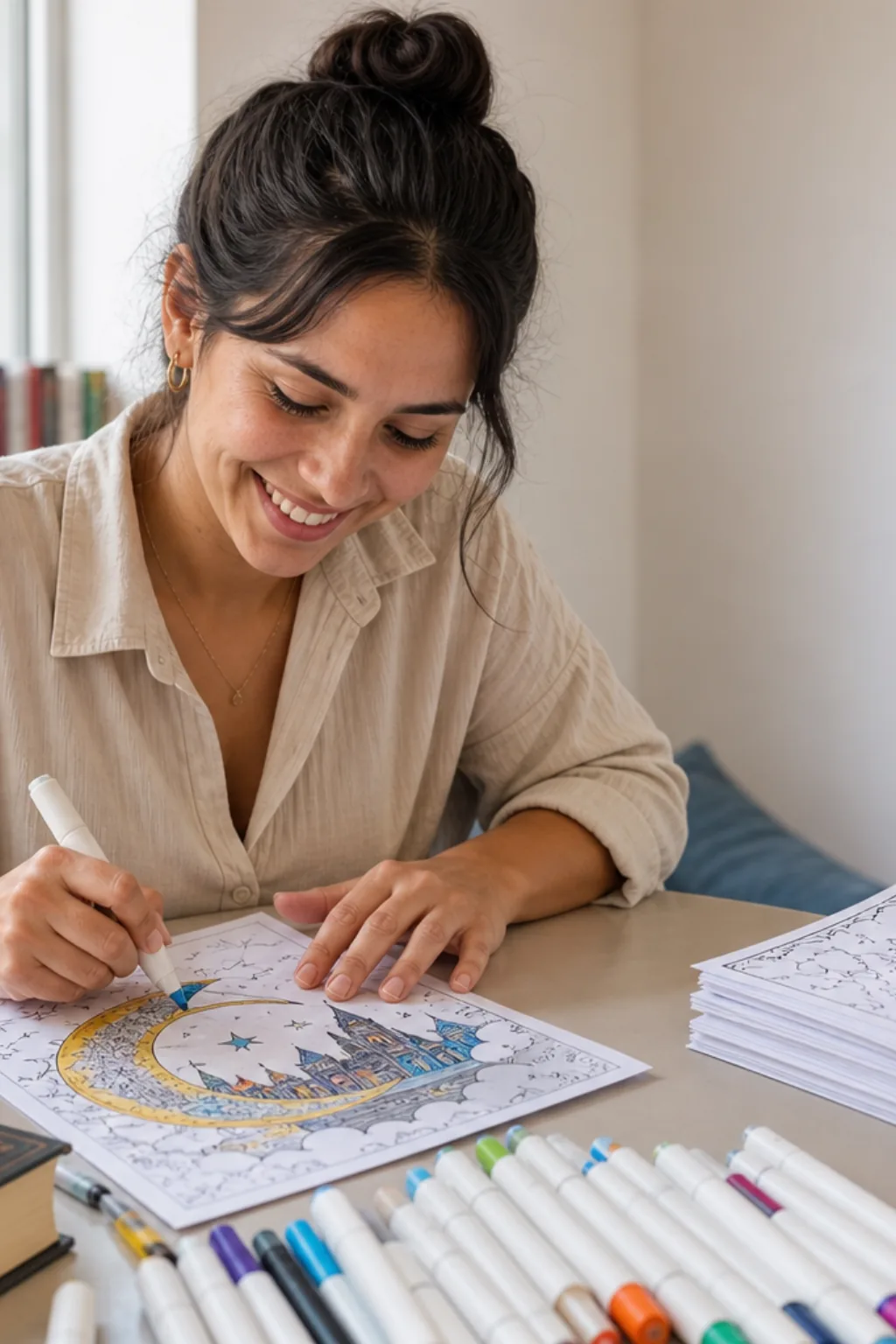 livro de desenhos da série Cidade da Lua Crescente para colorir — exemplo criado na Desenhos pra Colorir