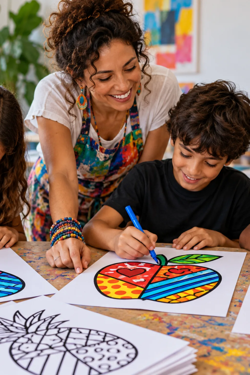 desenhos de frutas no estilo de Romero Britto para colorir — exemplo criado na Desenhos pra Colorir