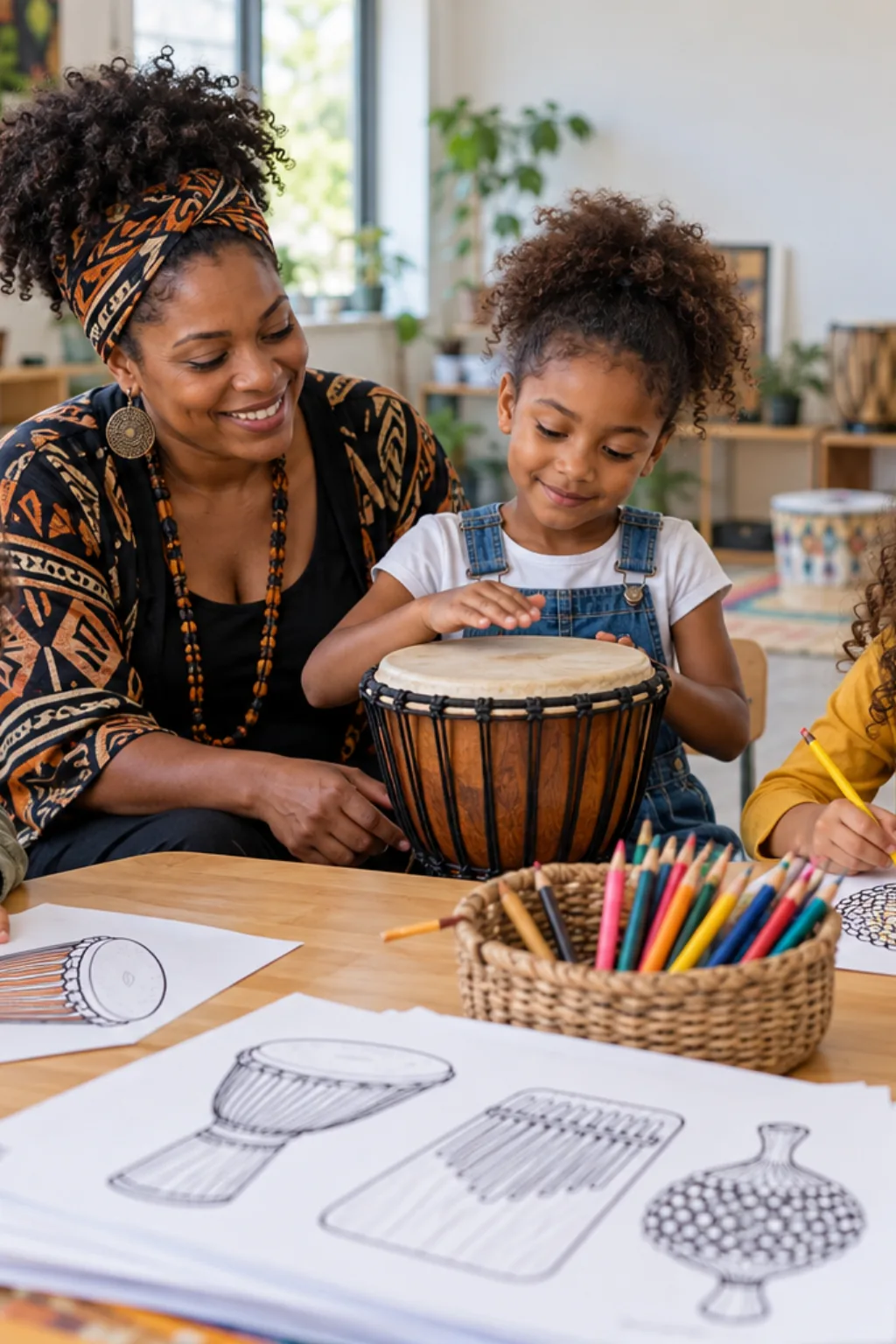 desenhos de instrumentos africanos para colorir — exemplo criado na Desenhos pra Colorir