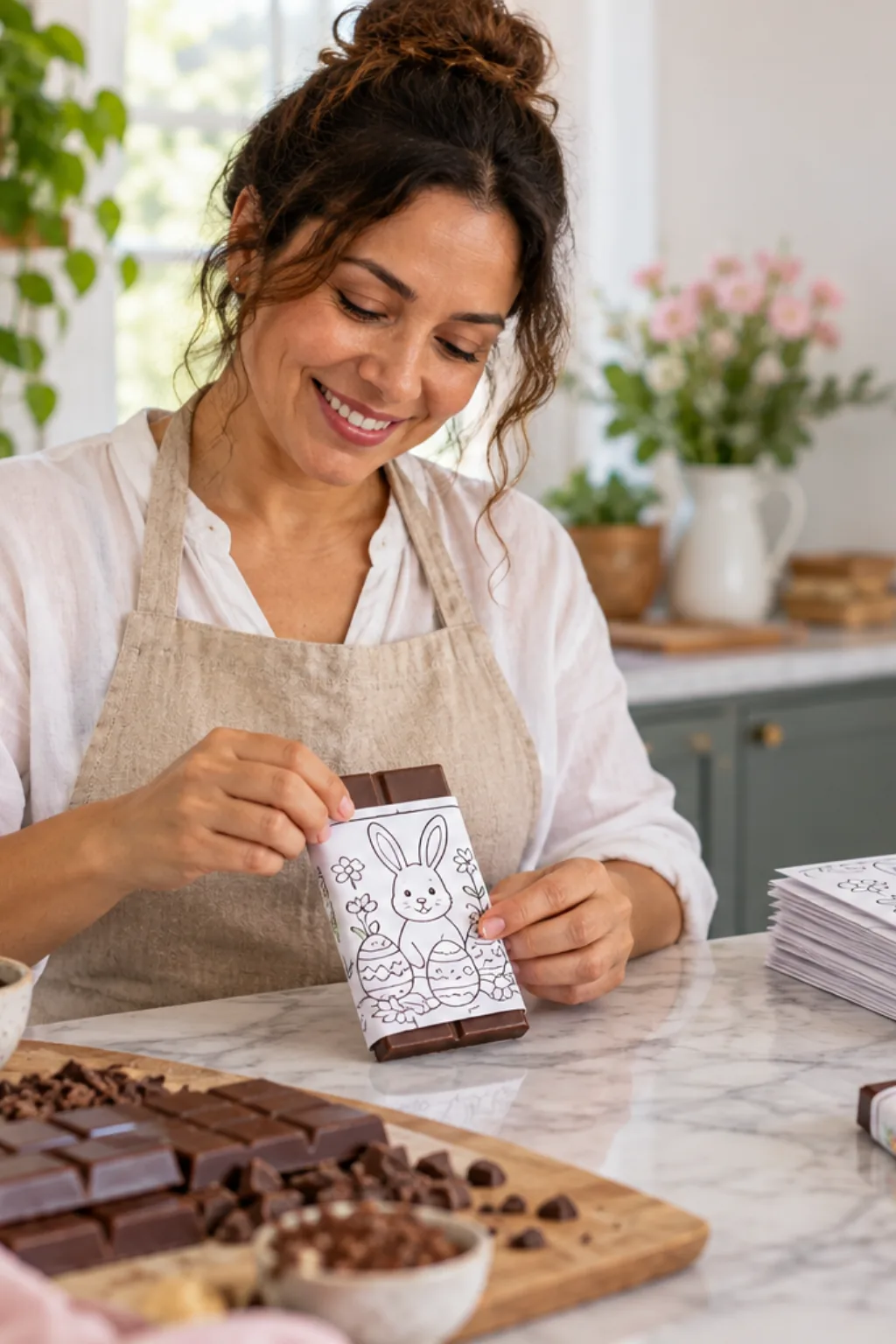 rótulos de Páscoa para barras de chocolate para imprimir e colorir — exemplo criado na Desenhos pra Colorir