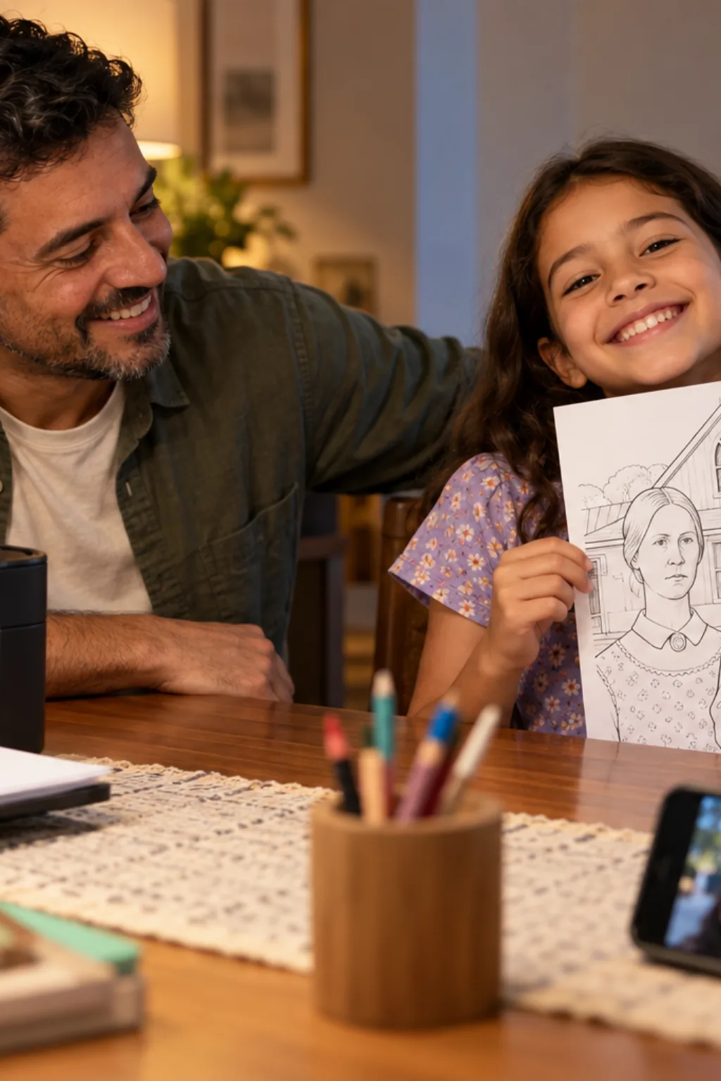desenhos da obra Gótico Americano de Grant Wood para colorir — exemplo criado na Desenhos pra Colorir