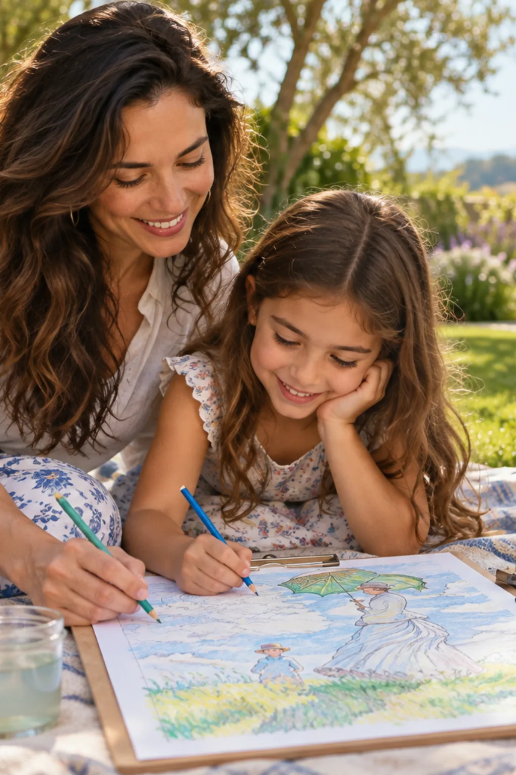 desenhos da obra Mulher com Sombrinha de Claude Monet para colorir — exemplo criado na Desenhos pra Colorir