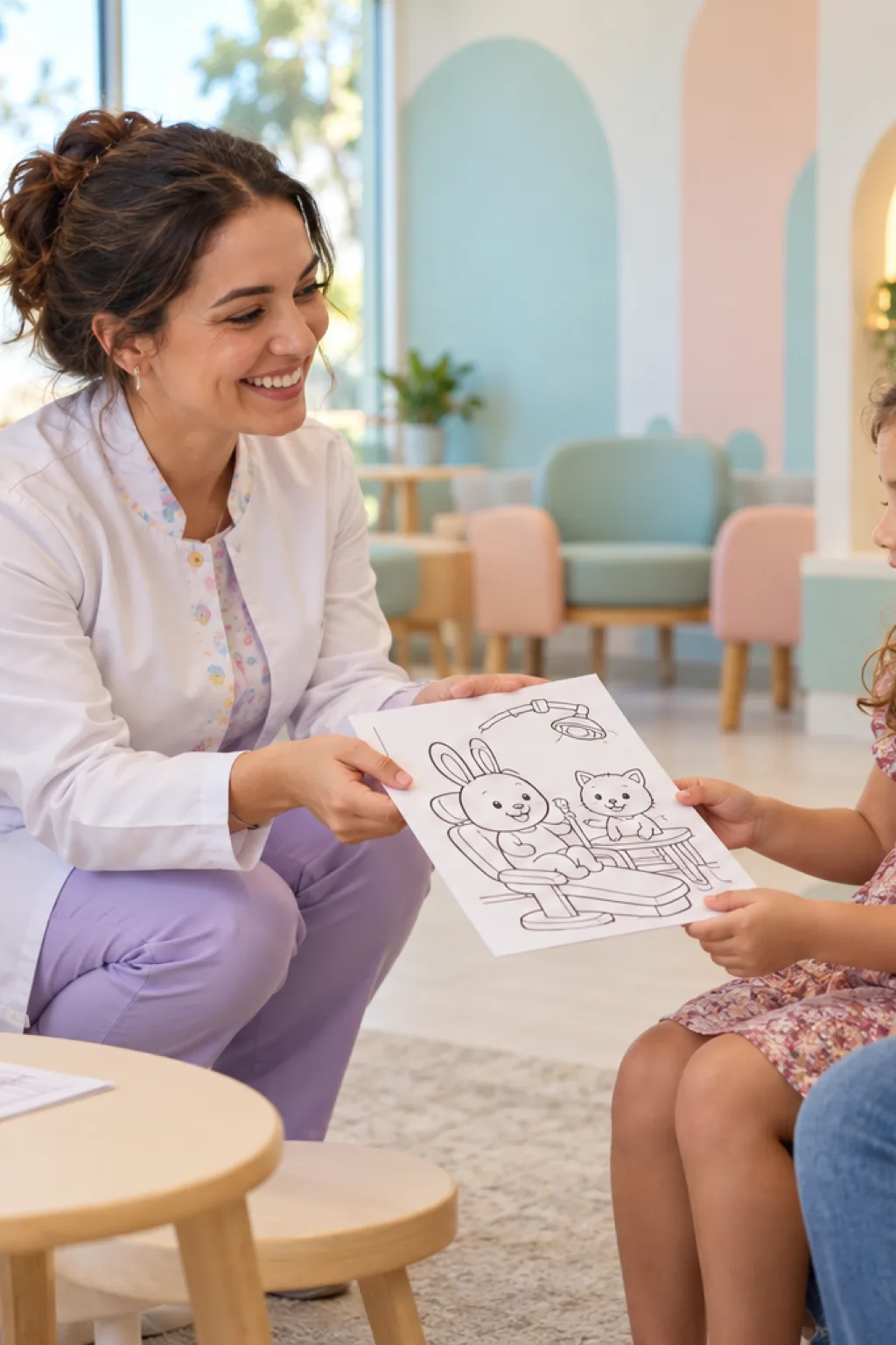 desenhos de animais da Bobbie Goods no dentista para colorir — exemplo criado na Desenhos pra Colorir