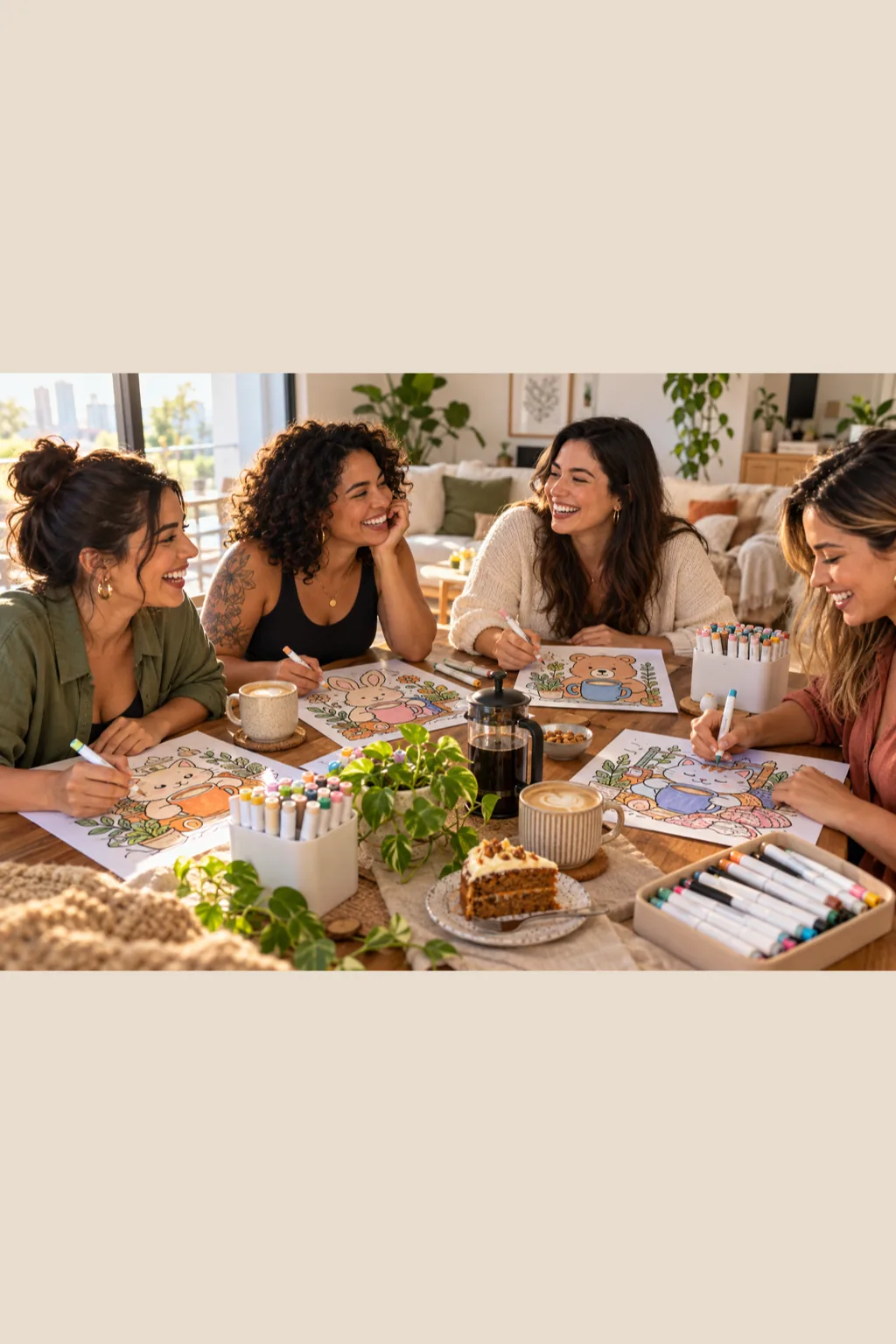desenhos de animais da Bobbie Goods tomando café para colorir — exemplo criado na Desenhos pra Colorir
