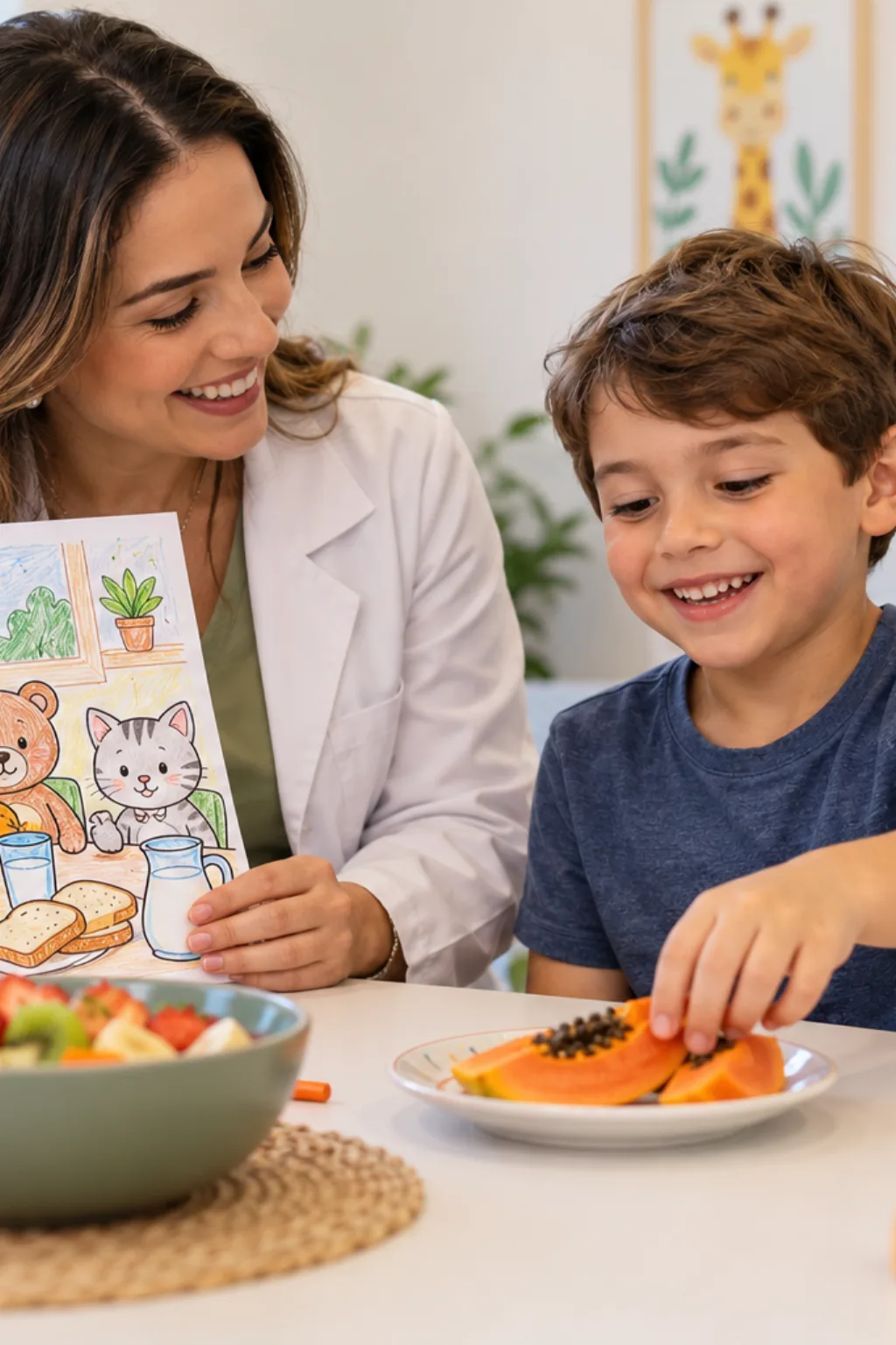 desenhos de animais da Bobbie Goods tomando café da manhã para colorir — exemplo criado na Desenhos pra Colorir