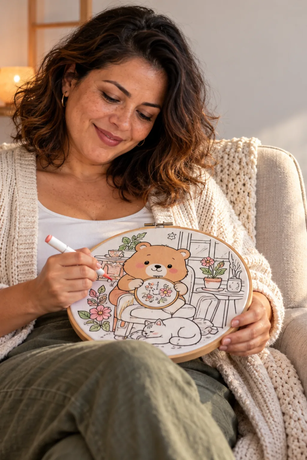 desenhos da Bobbie Goods bordando para colorir — exemplo criado na Desenhos pra Colorir