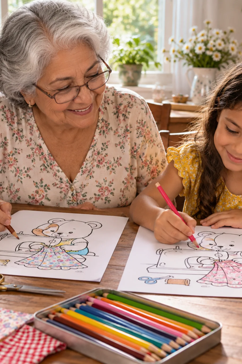 desenhos da Bobbie Goods costurando para colorir — exemplo criado na Desenhos pra Colorir