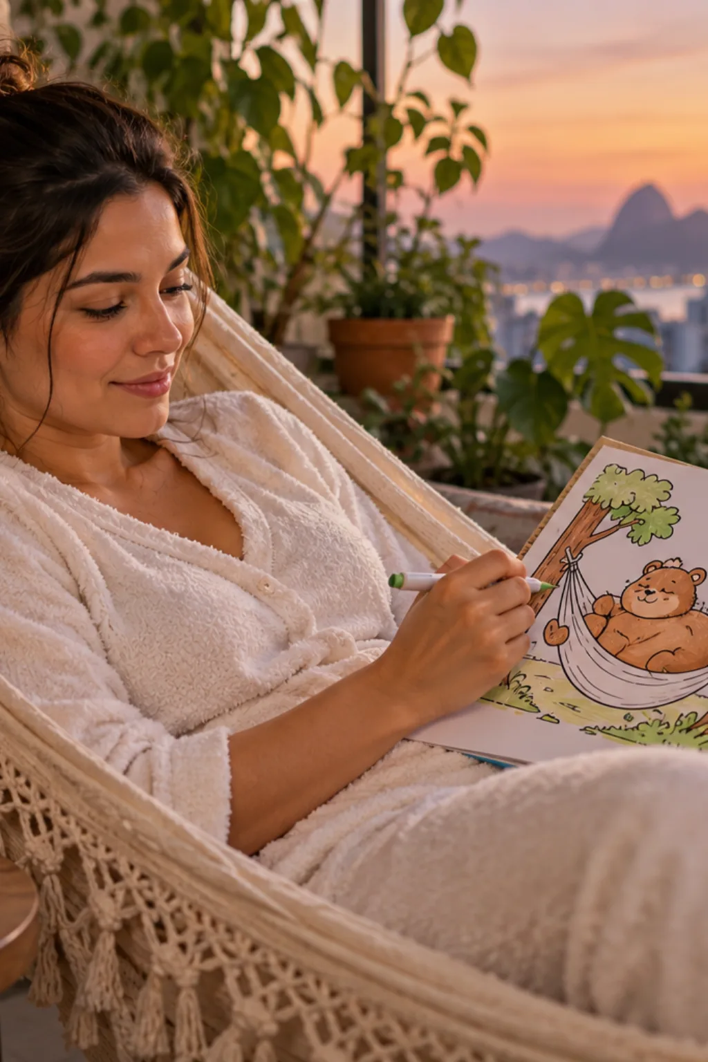 desenhos da Bobbie Goods descansando em uma rede para colorir — exemplo criado na Desenhos pra Colorir