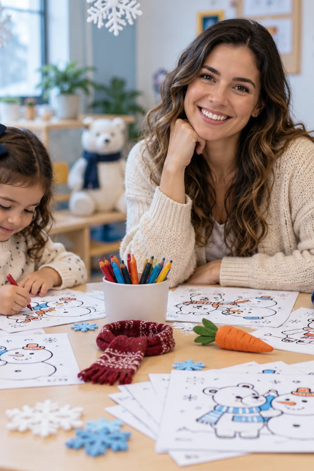 desenhos da Bobbie Goods fazendo um boneco de neve para colorir — exemplo criado na Desenhos pra Colorir