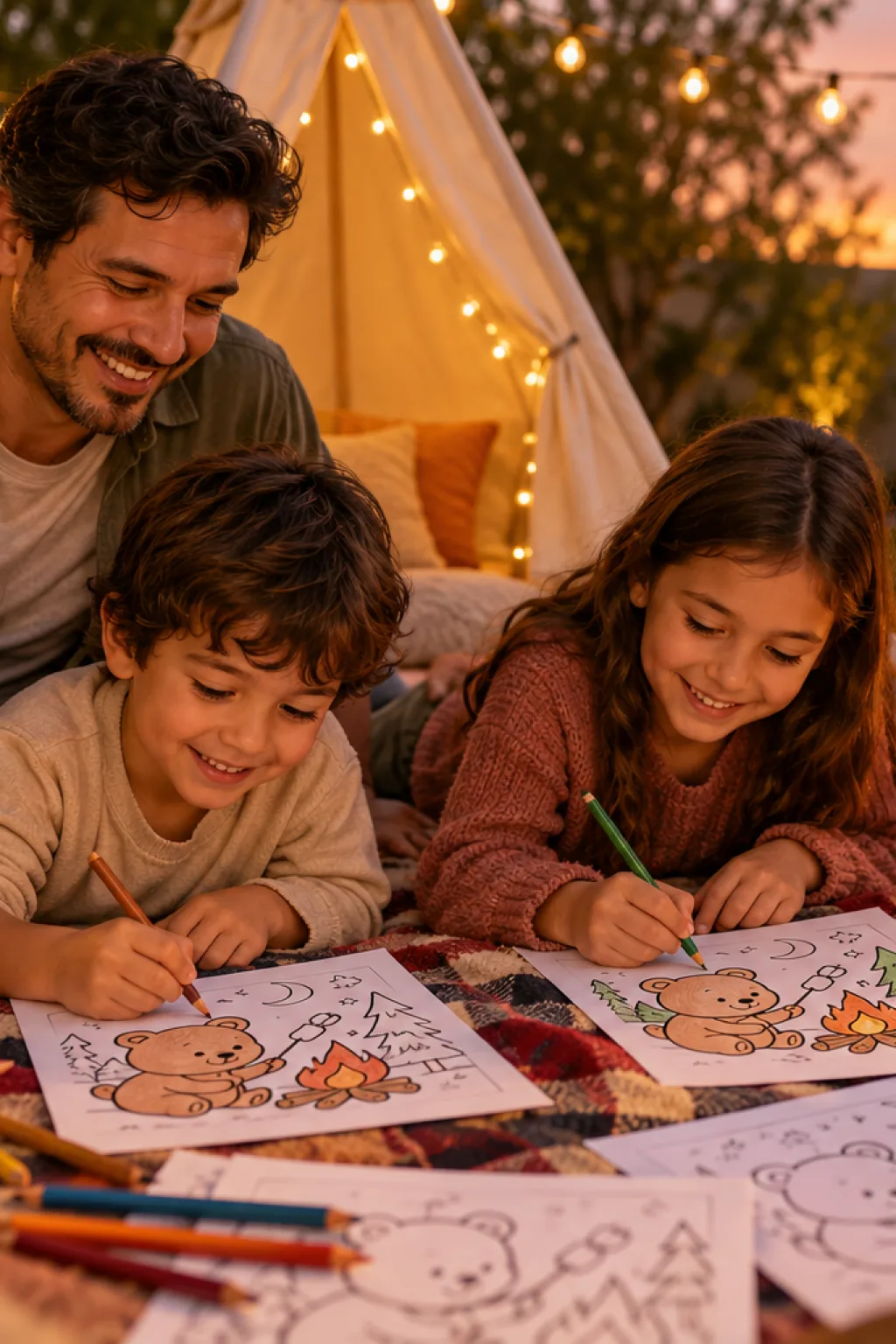 desenhos da Bobbie Goods ao redor da fogueira para colorir — exemplo criado na Desenhos pra Colorir