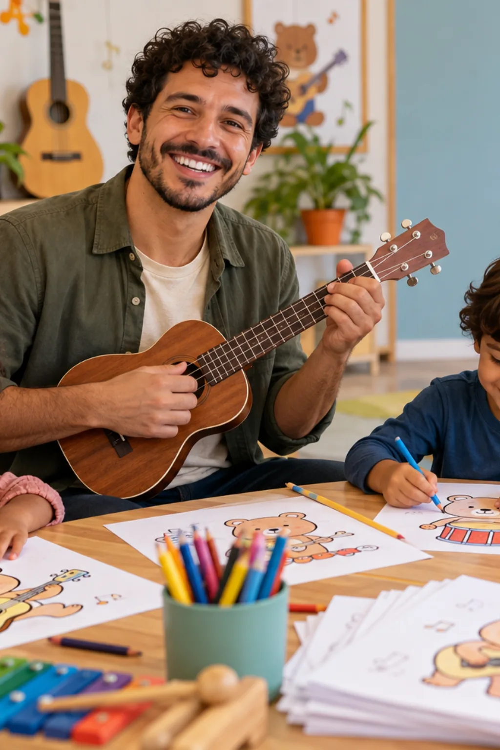 desenhos da Bobbie Goods com instrumentos musicais para colorir — exemplo criado na Desenhos pra Colorir