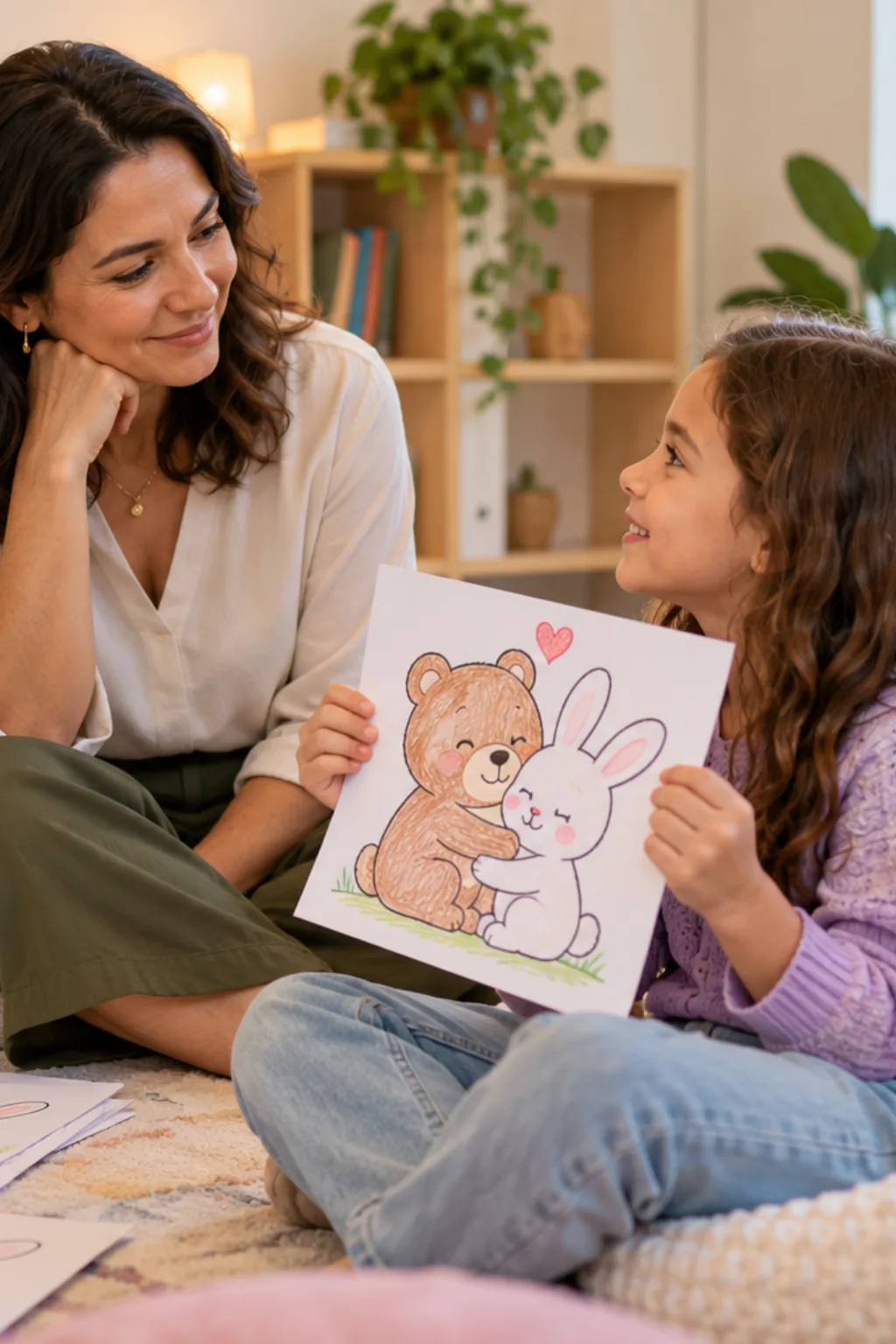 desenhos de personagens da Bobbie Goods se abraçando para colorir — exemplo criado na Desenhos pra Colorir