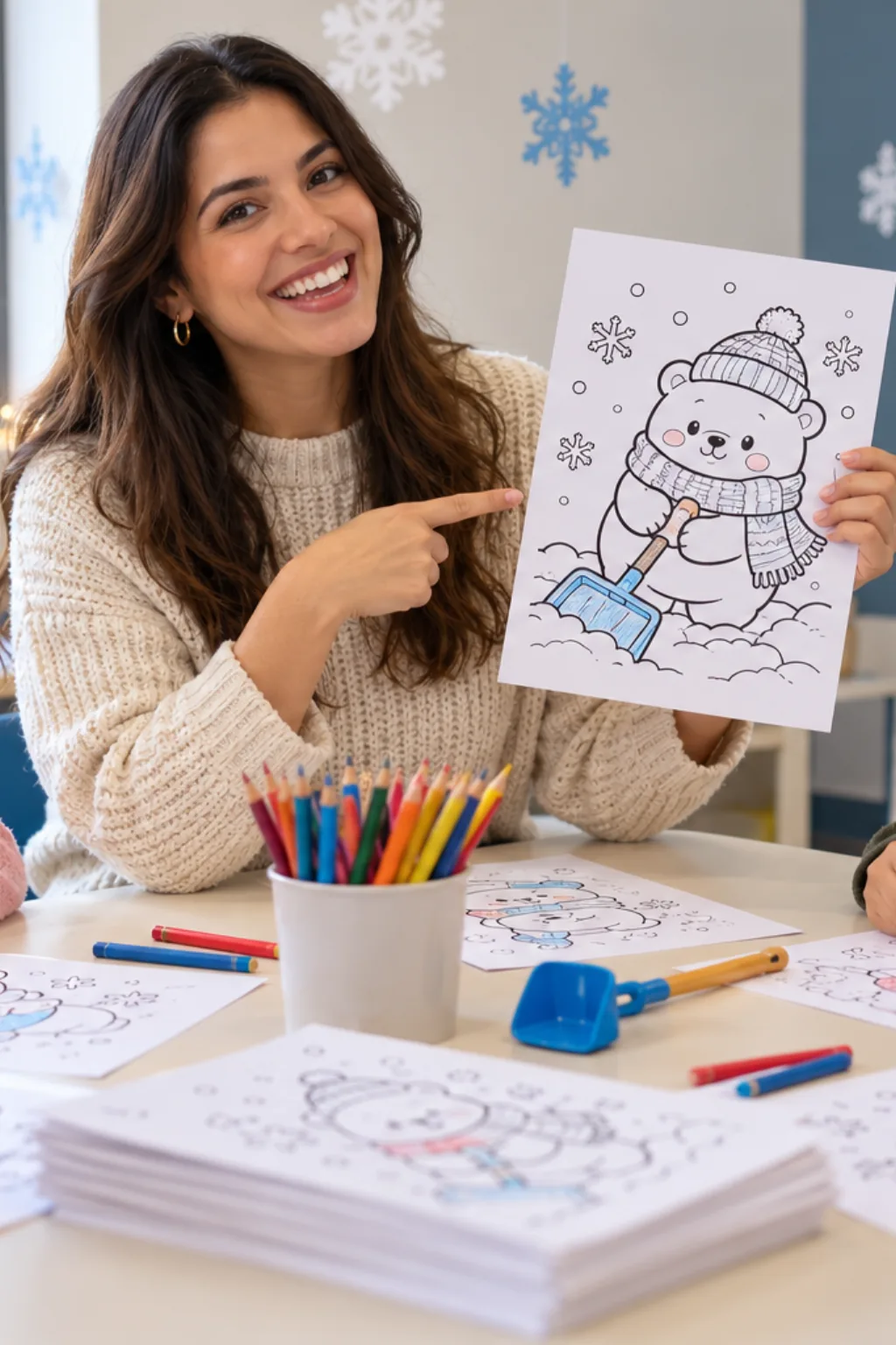 desenhos da Bobbie Goods removendo a neve para colorir — exemplo criado na Desenhos pra Colorir