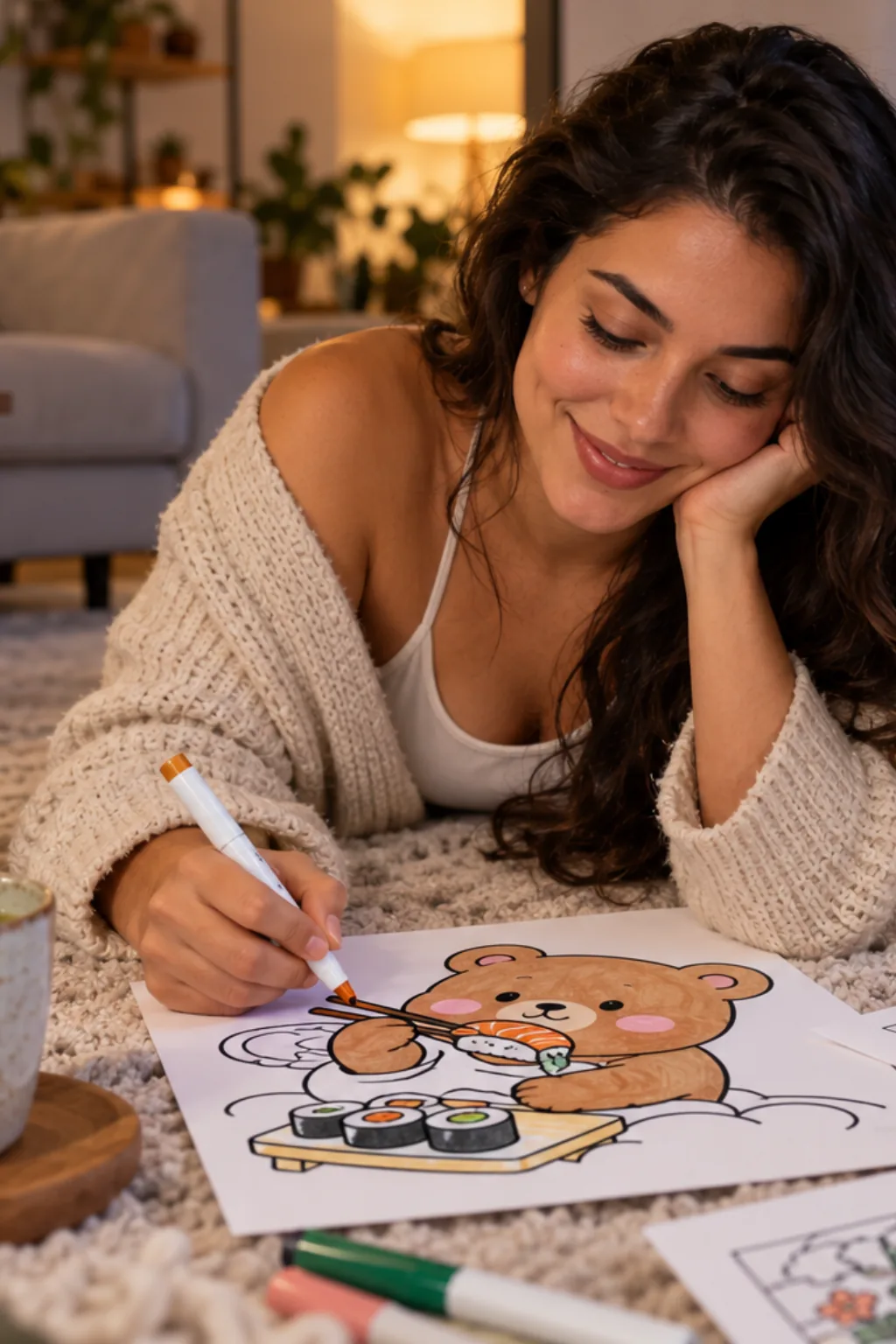 desenhos da Bobbie Goods com sushi para colorir — exemplo criado na Desenhos pra Colorir