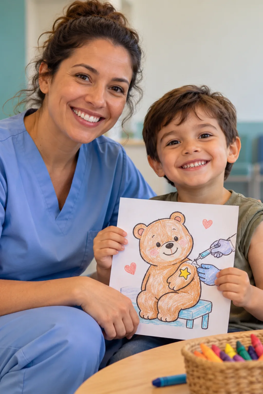 desenhos da Bobbie Goods tomando vacina para colorir — exemplo criado na Desenhos pra Colorir